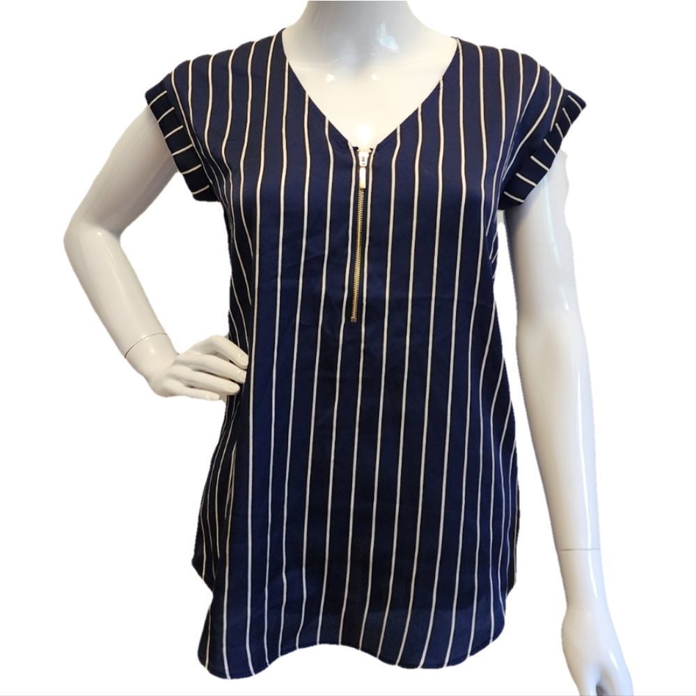 Express Navy Short Sleeve Striped Womens Blouse with Gold Zipper, Size XS